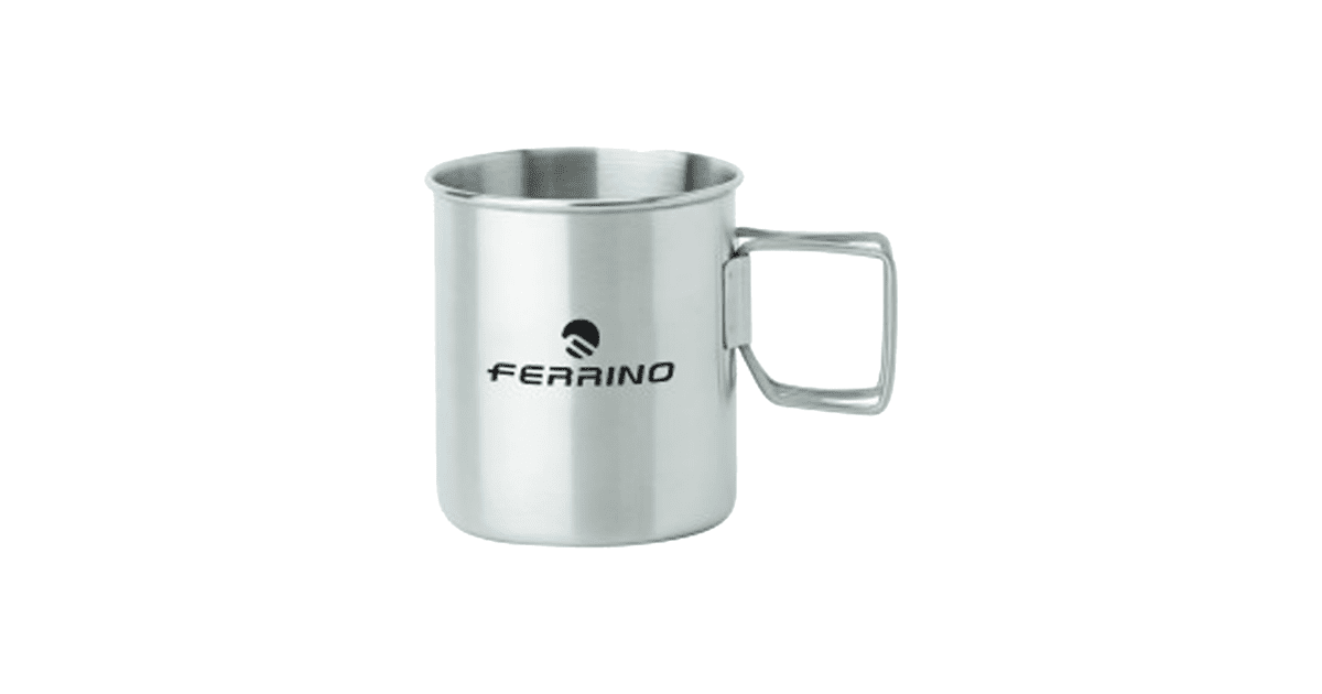 Tasse De Camping Ferrino – Acier Inoxydable Gris, Poignée Pliante, Compacte